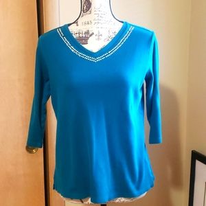 Quacker factory teal w/ Rhinestones 3/4 sleeve shirt sz small